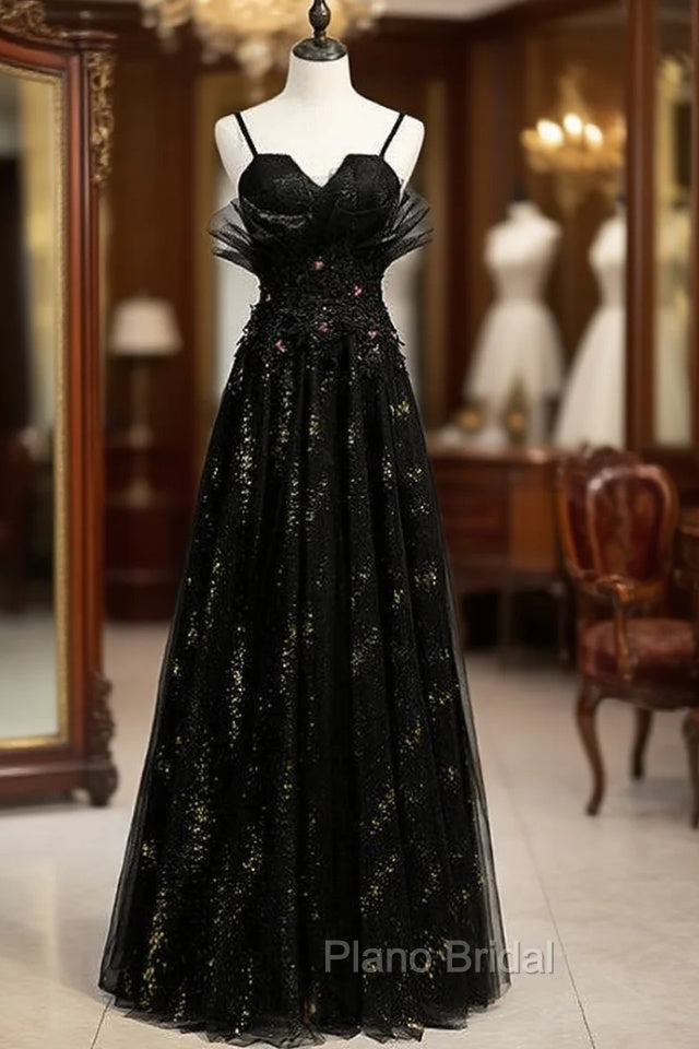A-Line Black Tulle Sequins Spaghetti Straps Formal Prom Dresses