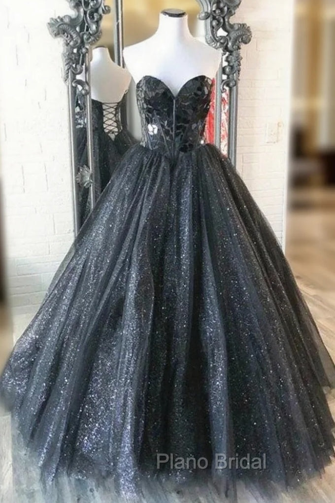 A-Line Black Tulle Sequins Strapless Formal Prom Dresses