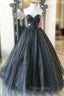 A-Line Black Tulle Sequins Strapless Formal Prom Dresses