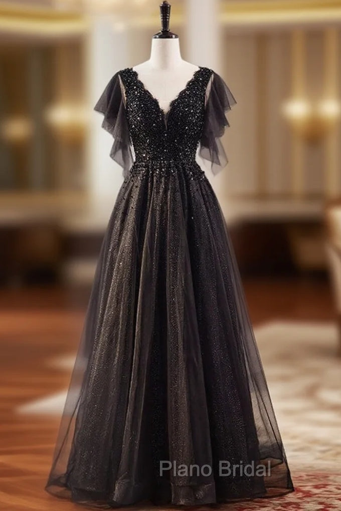 A-Line Black Tulle Sequins V-neck Beading Formal Prom Dresses Main image