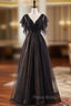 A-Line Black Tulle Sequins V-neck Beading Formal Prom Dresses
