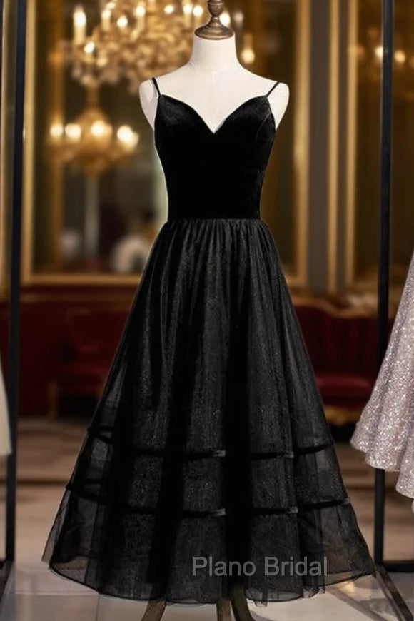 A-Line Black Tulle Spagehtti Straps Tulle Tea Length Formal Prom Dresses