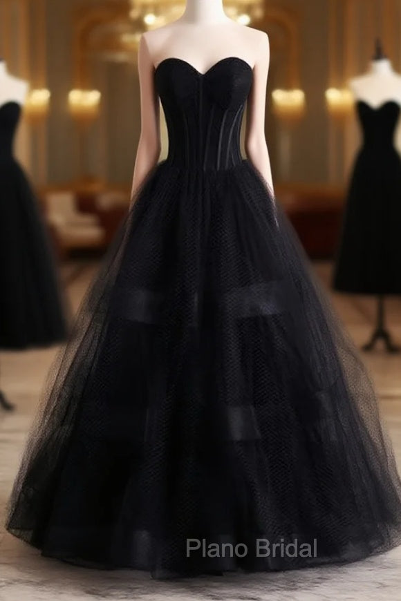 A-Line Black Tulle Sweetheart Formal Prom Dresses