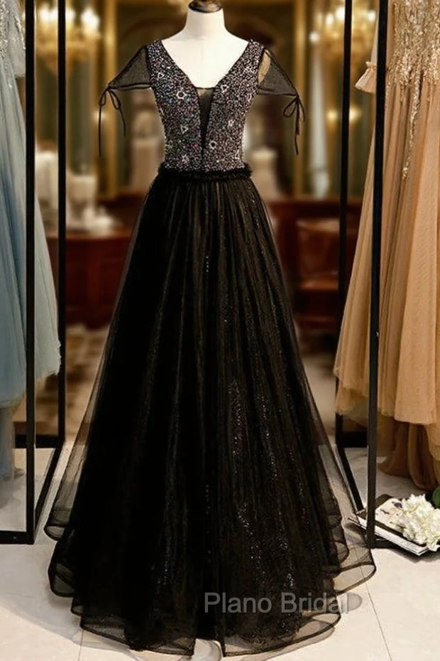 A-Line Black Tulle V-neck Cap Sleeve Beading Formal Prom Dresses