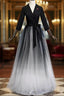 A-Line Black Tulle V-neck Long Sleeve Formal Prom Dresses