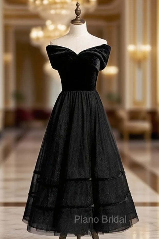 A-Line Black Tulle Velvet Off the Shoulder Tea Length Formal Prom Dresses