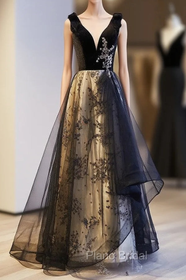 A-Line Black Tulle Velvet Sequins Formal Prom Dresses