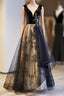 A-Line Black Tulle Velvet Sequins Formal Prom Dresses
