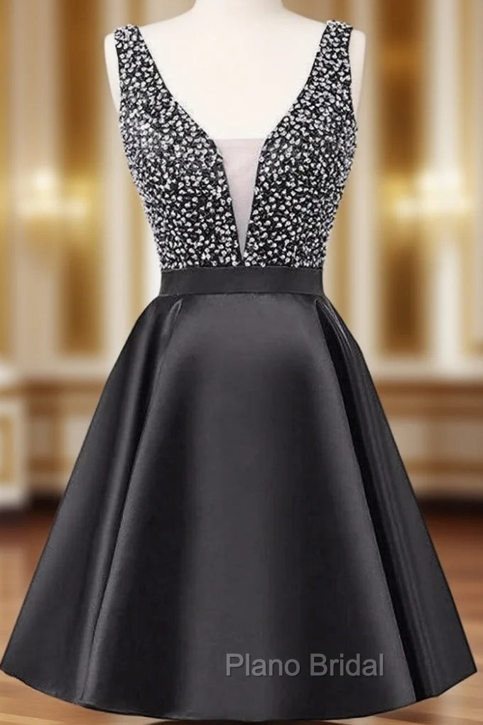 A-Line Black V-neck Backless Satin Beading Sequins Homecoming Dresses