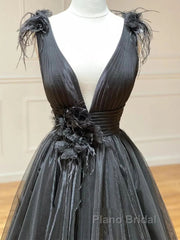 A Line Black V Neck Tulle Long Formal Prom Dresses