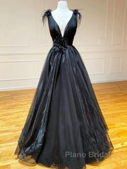 A Line Black V Neck Tulle Long Formal Prom Dresses