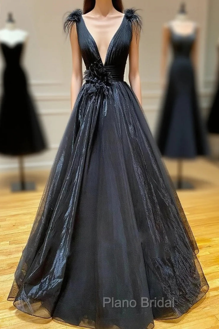 A Line Black V Neck Tulle Long Formal Prom Dresses Main image