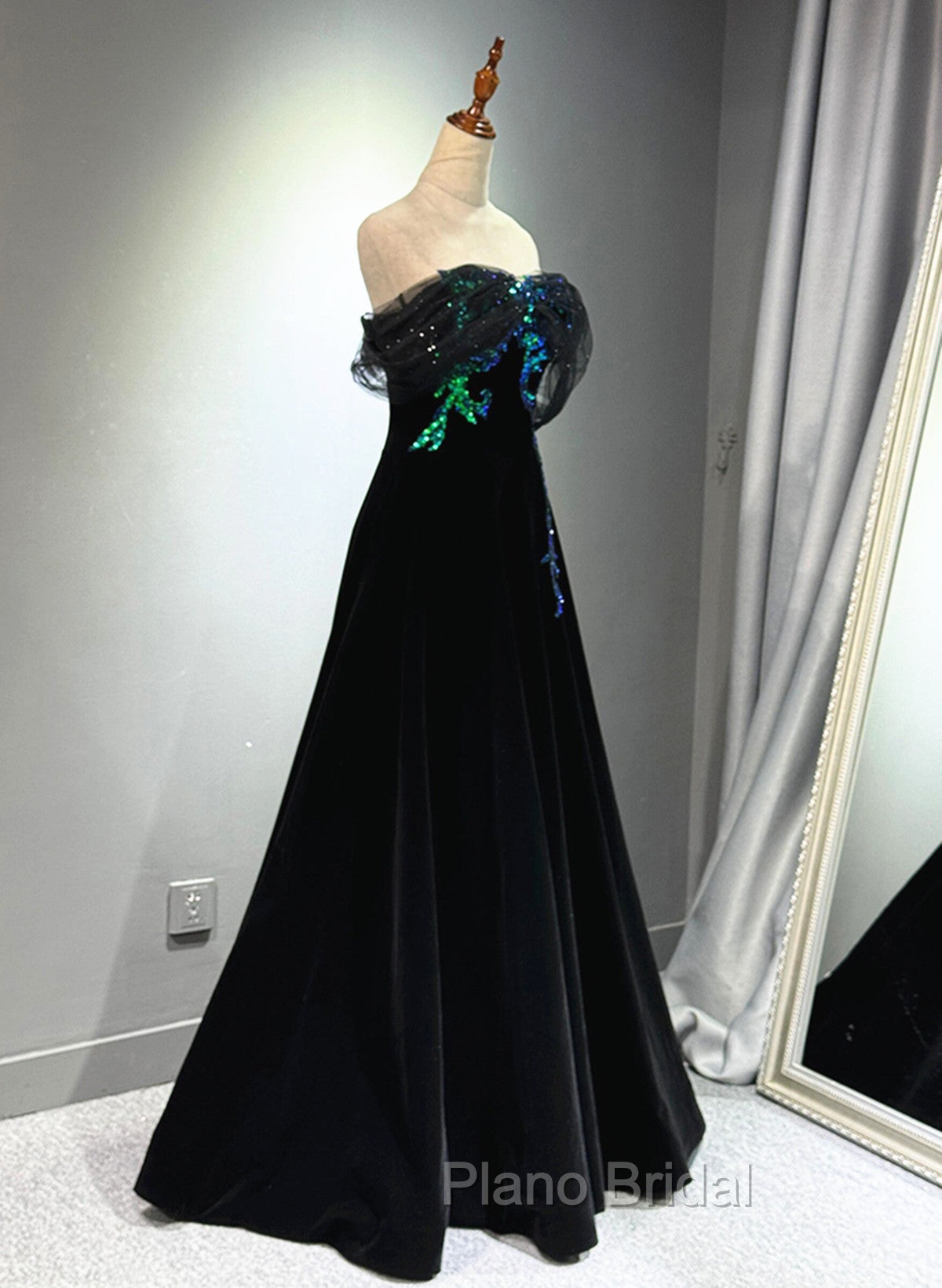 A-line Black Velvet and Tulle Off Shoulder Party Dresses, Black Long Formal Prom Dresses