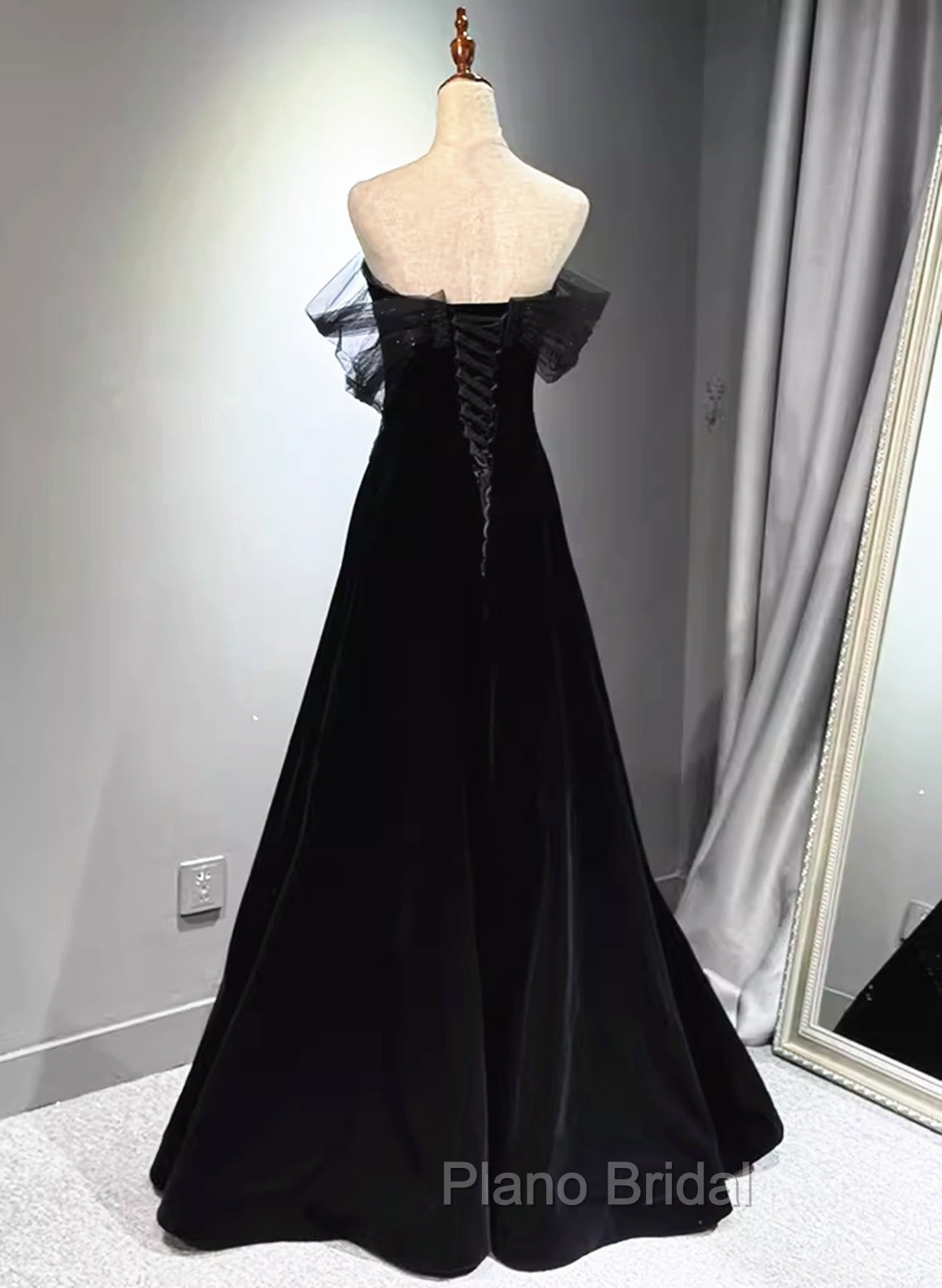 A-line Black Velvet and Tulle Off Shoulder Party Dresses, Black Long Formal Prom Dresses