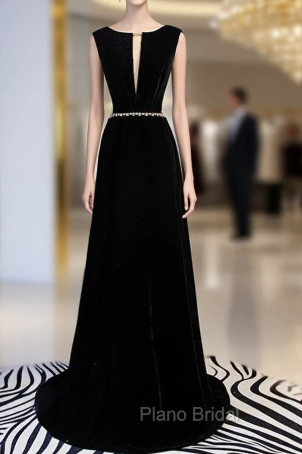 A-Line Black Velvet Backless Formal Prom Dresses With Beading