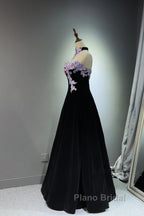 A-Line Black Velvet Long Party Dresses With Lace Applique, Black Velvet Formal Prom Dresses