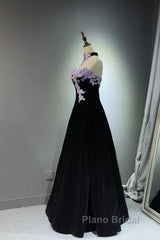 A-Line Black Velvet Long Party Dresses With Lace Applique, Black Velvet Formal Prom Dresses