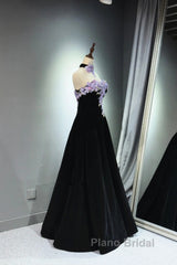 A-Line Black Velvet Long Party Dresses With Lace Applique, Black Velvet Formal Prom Dresses