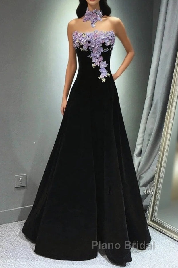 A-Line Black Velvet Long Party Dresses With Lace Applique, Black Velvet Formal Prom Dresses