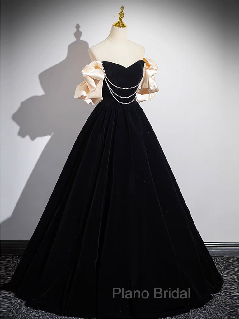A-Line Black Velvet Long Formal Prom Dresses, Black Long Evening Dresses Secondary image