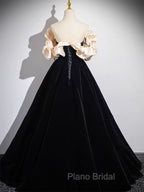 A-Line Black Velvet Long Formal Prom Dresses, Black Long Evening Dresses