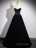 A-Line Black Velvet Long Formal Prom Dresses, Black Long Evening Dresses