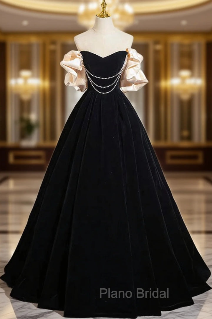 A-Line Black Velvet Long Formal Prom Dresses, Black Long Evening Dresses