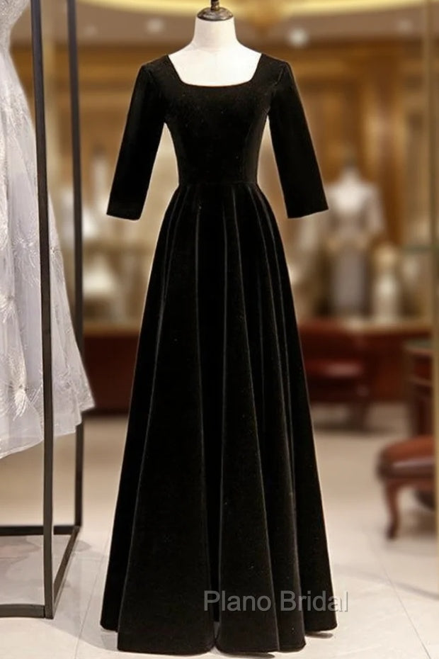 A-Line Black Velvet Square Short Sleeve Formal Prom Dresses Main image