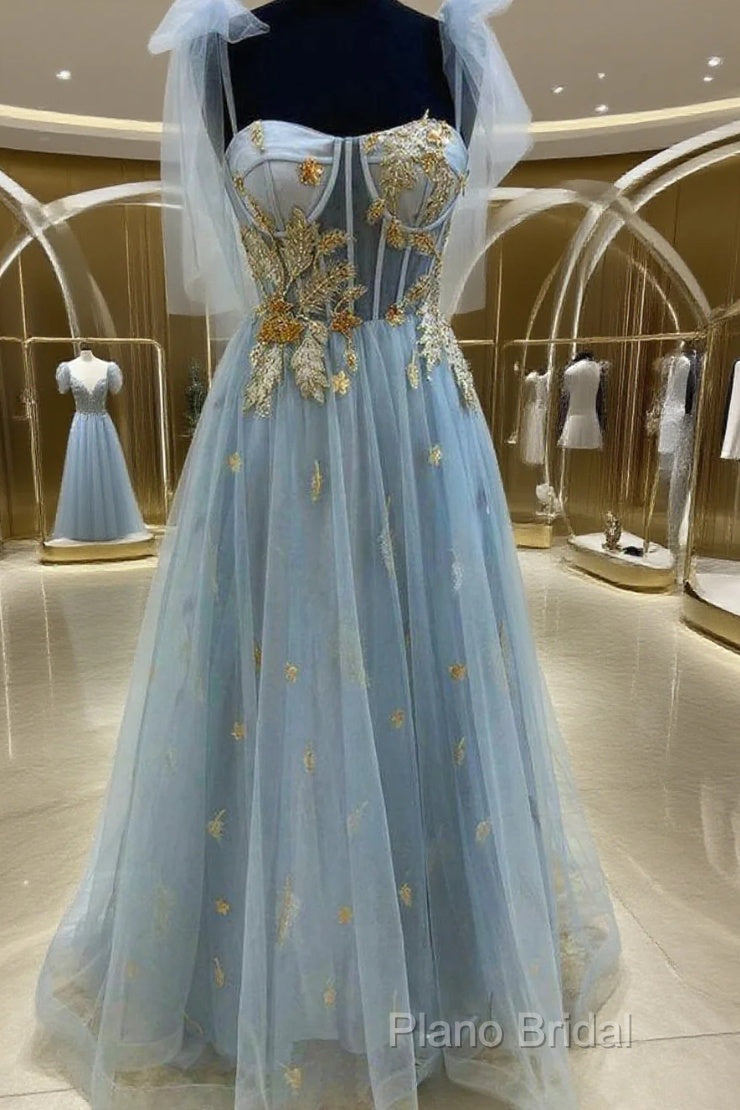 A-Line Blue And Gold Appliqed Long Formal Dresses Formal Prom Dresses Main image
