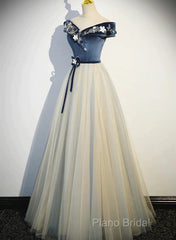 A-Line Blue-Grey Off Shoulder Long Party Dresses, Tulle And Velevet Long Formal Prom Dresses
