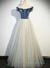 A-Line Blue-Grey Off Shoulder Long Party Dresses, Tulle And Velevet Long Formal Prom Dresses