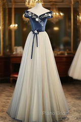 A-Line Blue-Grey Off Shoulder Long Party Dresses, Tulle And Velevet Long Formal Prom Dresses