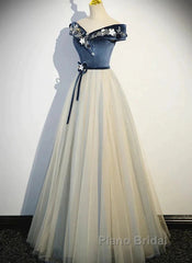 A-Line Blue-Grey Sequins Off Shoulder Long Party Dresses Velevet Long Formal Prom Dresses