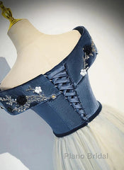 A-Line Blue-Grey Sequins Off Shoulder Long Party Dresses Velevet Long Formal Prom Dresses