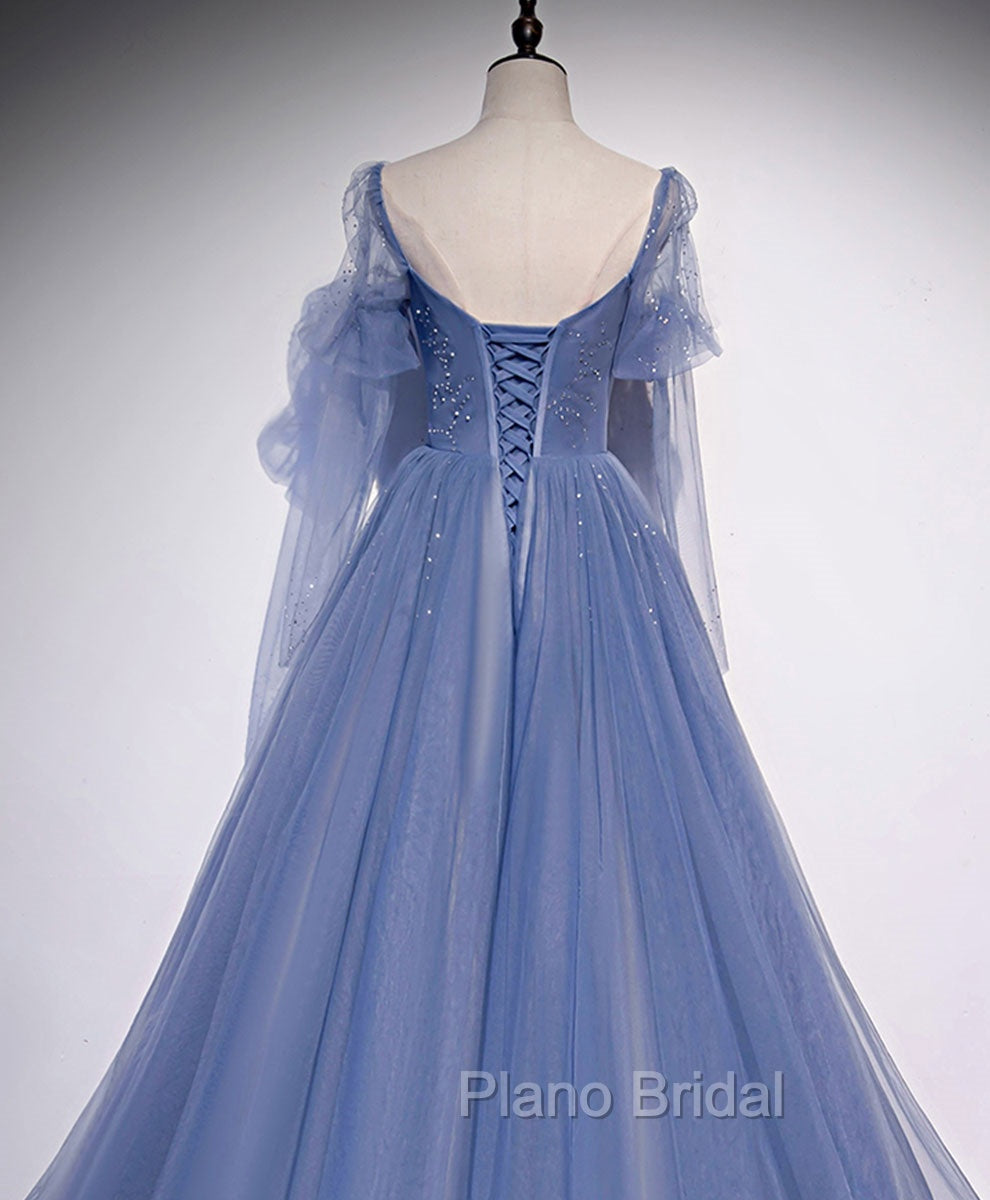 A line Blue Long Formal Prom Dresses, Blue Formal Graduation Dresses with Beading