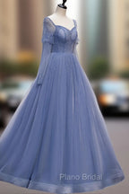 A line Blue Long Formal Prom Dresses, Blue Formal Graduation Dresses with Beading