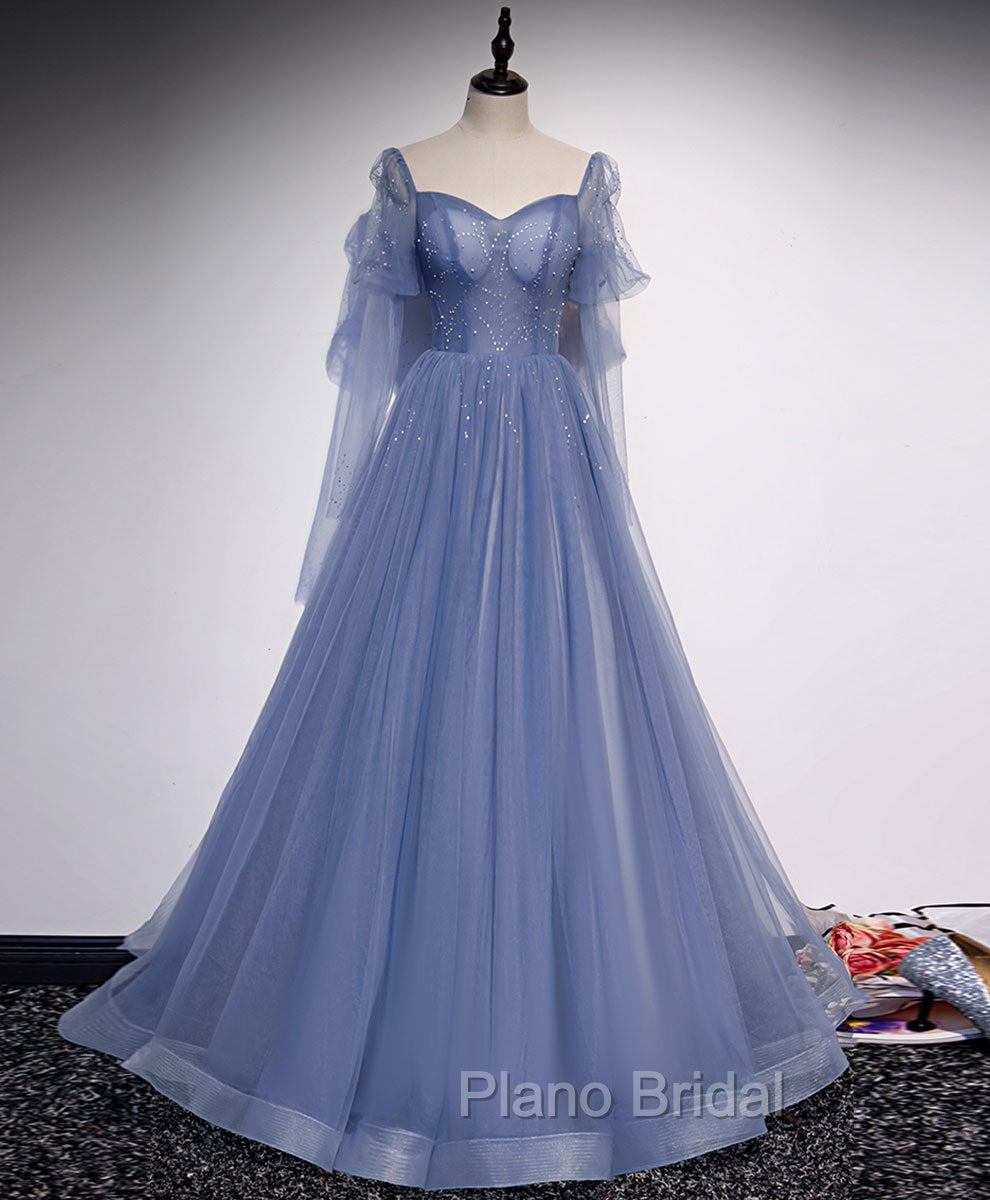 A line Blue Long Formal Prom Dresses, Blue Formal Graduation Dresses with Beading