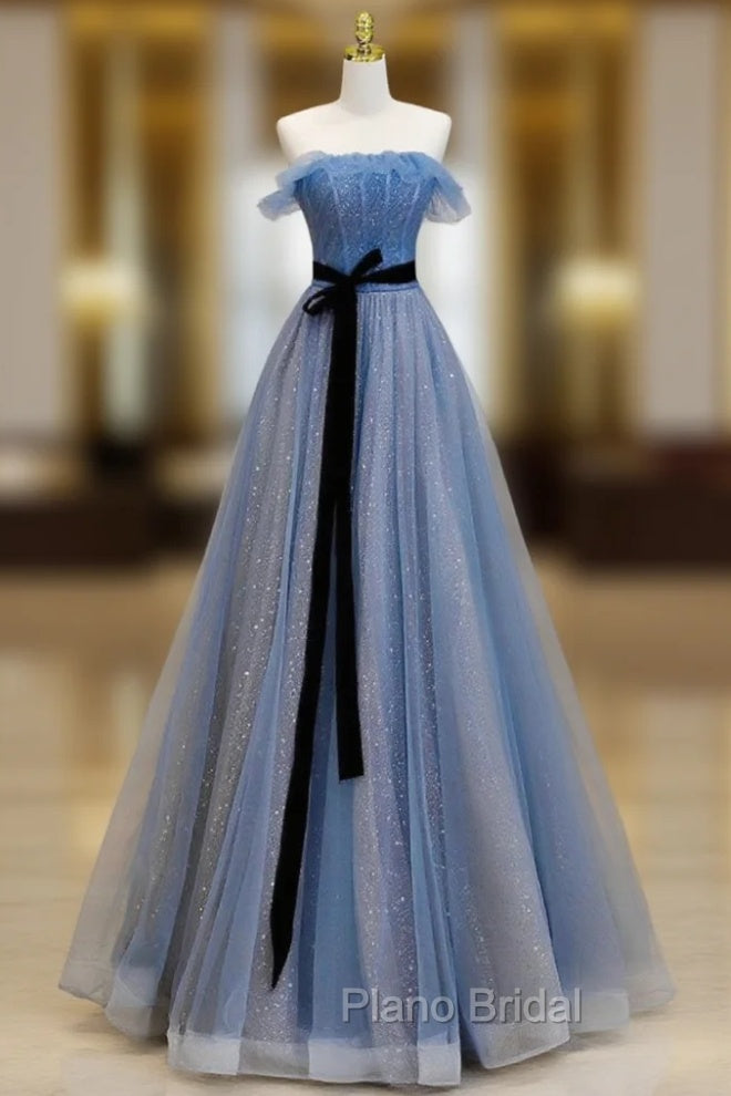 A-Line Blue Long Formal Prom Dresses, Tulle Sequin Long Blue Formal Evening Dresses Main image