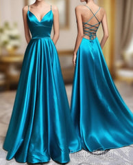 A-Line Blue Satin Long Formal Prom Dresses, Blue Formal Dresses