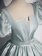 A-Line Blue Satin Long Formal Prom Dresses, Blue Long Formal Dresses