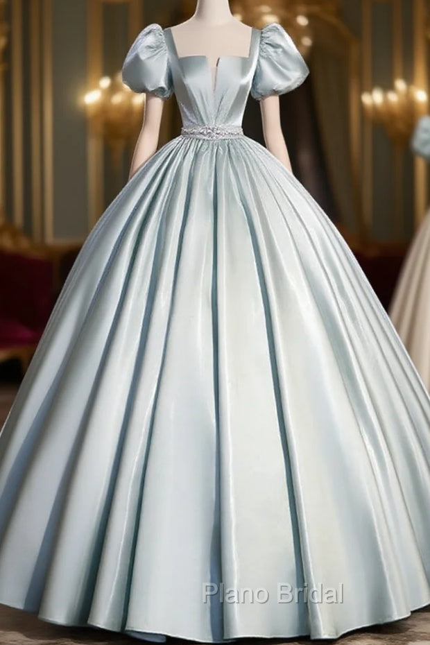 A-Line Blue Satin Long Formal Prom Dresses, Blue Long Formal Dresses Main image