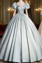 A-Line Blue Satin Long Formal Prom Dresses, Blue Long Formal Dresses