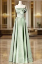 A-Line Blue Satin Long Formal Prom Dresses, Blue Formal Evening Dresses
