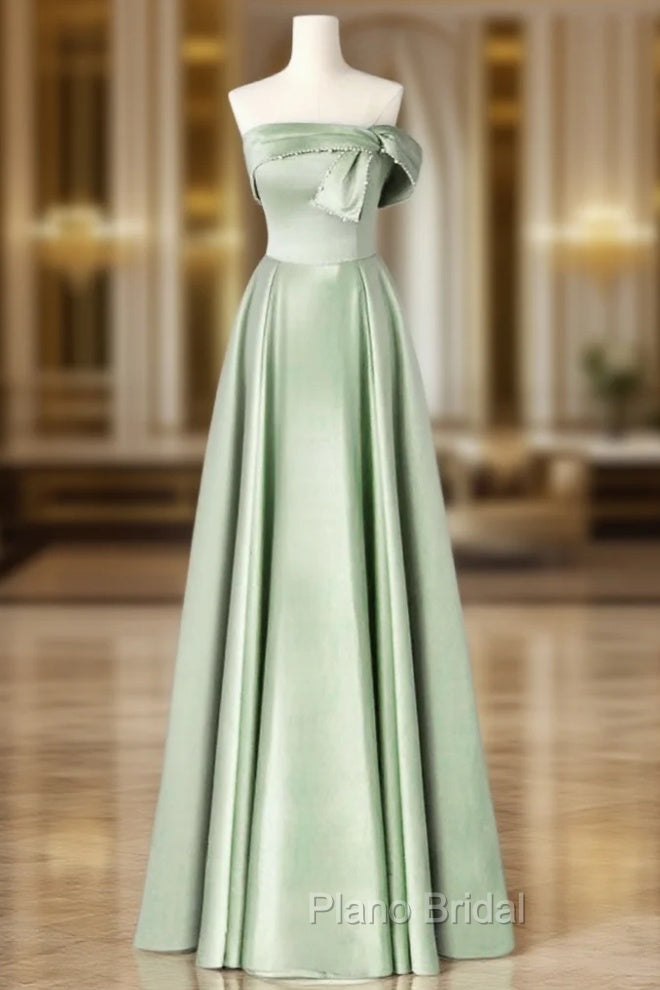 A-Line Blue Satin Long Formal Prom Dresses, Blue Formal Evening Dresses