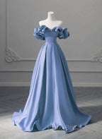 A-line Blue Satin Off Shoulder Long Evening Dresses, Long Formal Dresses Party Dresses
