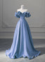 A-line Blue Satin Off Shoulder Long Evening Dresses, Long Formal Dresses Party Dresses