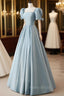 A-Line Blue Satin Puffy Sleeve Long Formal Prom Dresses, Blue Formal Dresses