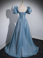 A-Line Blue Satin Short Sleeves Long Party Dresses, Blue Short Sleeves Formal Prom Dresses