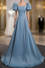 A-Line Blue Satin Short Sleeves Long Party Dresses, Blue Short Sleeves Formal Prom Dresses
