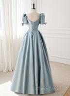 A-Line Blue Satin Short Sleevs Long Formal Dresses, Blue Simple Floor Length Formal Prom Dresses